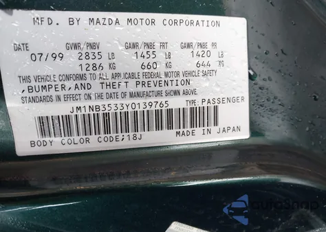 2000 Mazda Mx-5 Miata Ls/Special Edition из США, поврежденный, VIN JM1NB3533Y0139765